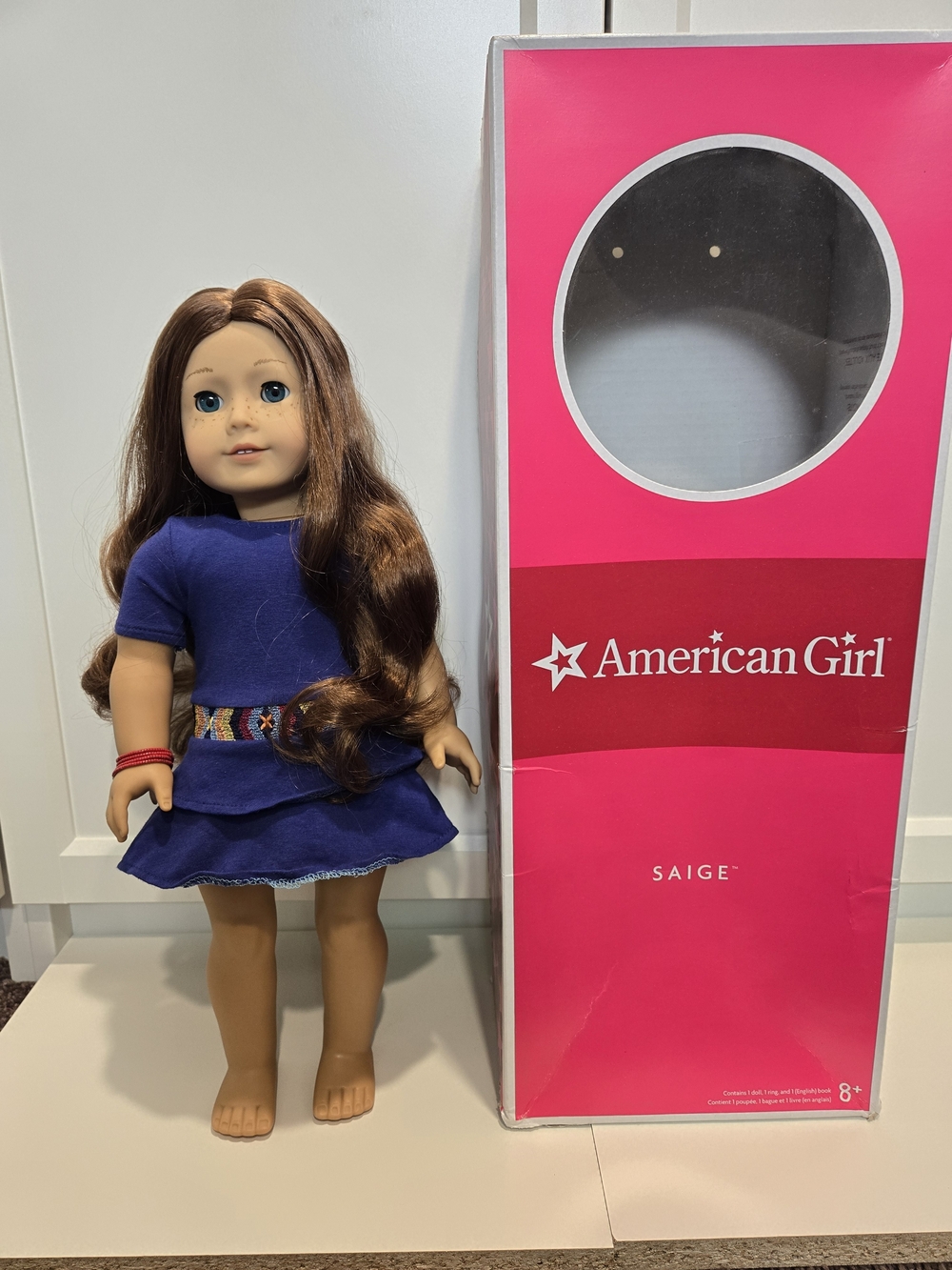 retired american Girl of the year Saige Doll in meet dress/ring/bracelet and box